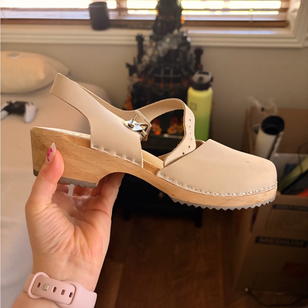 MIA Cream Leather Slingback Clog Sandals